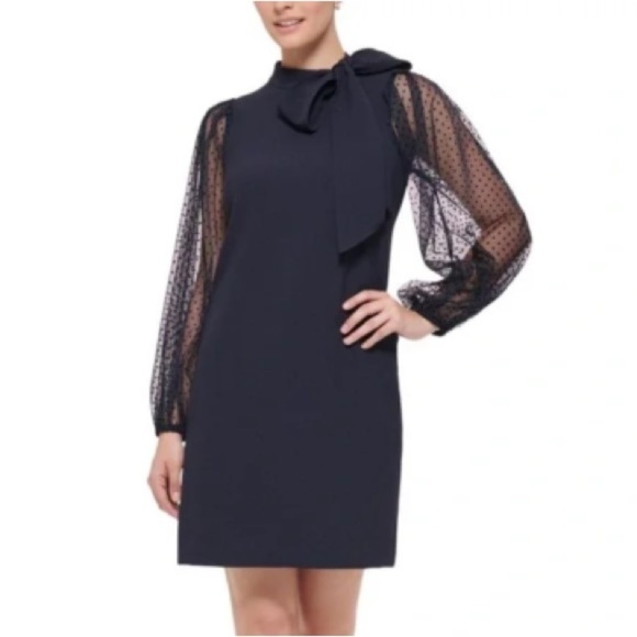 NWT Vince Camuto Bow Neck Sheer Puffy Polka Dot Long Sleeve Shift Dress - Picture 15 of 15